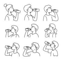 A stylish icon set with simple lines featuring individuals drinking water. vector