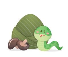 Zongzi with shiitake mushrooms wrapped in bamboo leaves, cute and playful cartoon green snake, illustration or icon vector