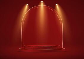 Red studio room background. Red color background 3d with red and gold podium. Empty room with light effect. Space for selling products on the website. illustration. vector