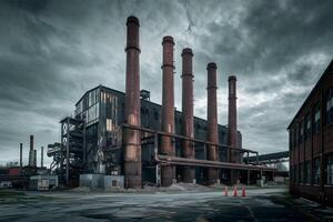 Rusty, Abandoned Industrial Complex Under a Gloomy Sky photo