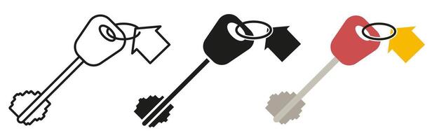 Modern door keys isolated on colored background. House keys with keychain. Illustration of a keychain with a house. vector