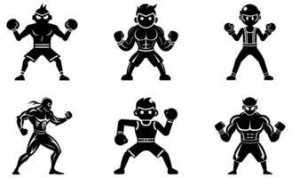 black and white silhouette illustrations of powerful boxing figures in various stances. vector