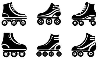 This image features a set of six simple, black and white icons of roller skates. vector