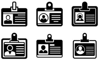 A set of six black and white graphic icons depicting various ID badges. vector