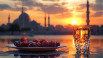 A glass of water and a plate of dates on the table with a sunset in the background photo