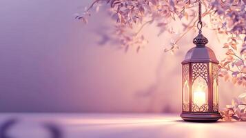 A lantern is lit on a table with a tree photo