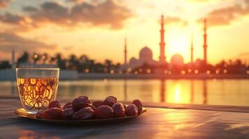 A glass of juice and a plate of dates on the table with a sunset in the background photo
