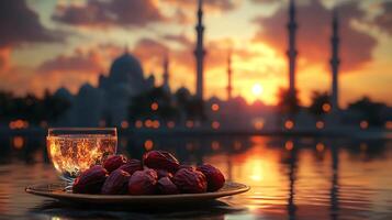 Dates and water on a plate with a sunset in the background photo