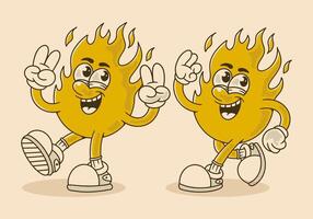 Two fire flame character with two different pose, in retro vintage style vector