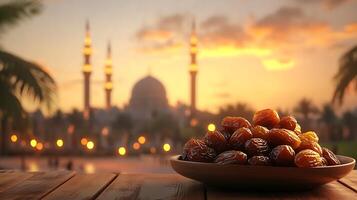 Dates in a bowl on a table in front of a mosque at sunset photo