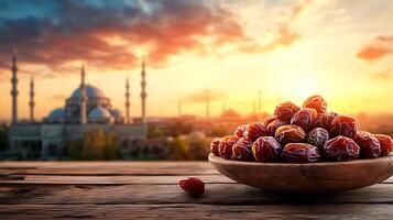 Dates in a bowl on a table with a mosque in the background photo