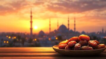 Dates in a bowl on a table with a sunset in the background photo