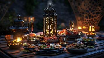 A table with food and candles on it photo