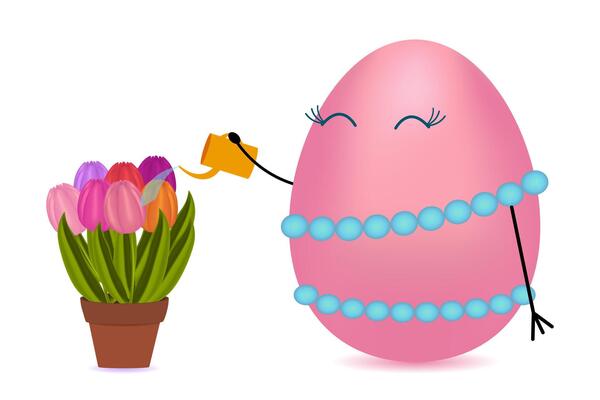 Adorable pink Easter egg character with blue bead decorations watering colorful tulips in a pot on a white background.