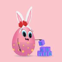 Adorable pink Easter egg character with bunny ears and a red bow, stacking purple blocks spelling EASTER on a pastel background. vector
