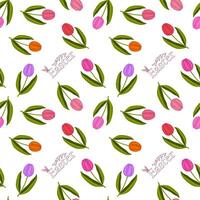 A seamless pattern of colorful tulips with Happy Easter text on a white background. Perfect for festive designs, greeting cards, and gift wrapping. vector