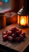 A table with a bunch of dates and a candle photo