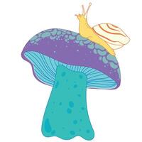 Snail resting on a purple mushroom in a nature setting, perfect for wildlife, forest, and fantasy-themed designs. vector