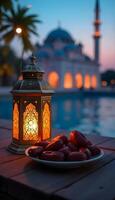 Ramadan lantern and plate of dates on table in front of mosque photo