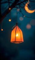 A hanging lamp with a crescent moon in the background photo