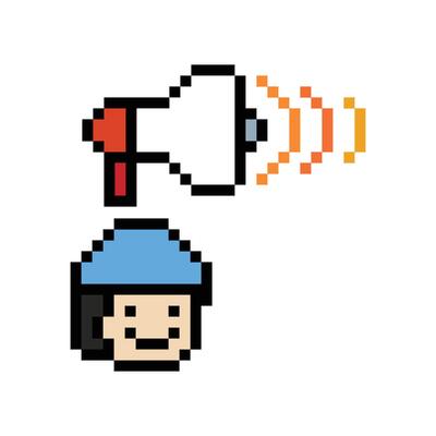 Character 8 bit notice man male cartoon boy megaphone declare announce publish advertise notify art.
