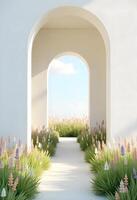 3d rendering of a white archway with flowers and grass photo
