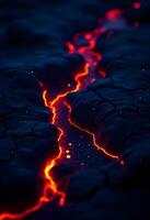 Lava flowing through the ground at night photo