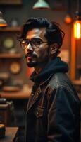 A man with glasses and a beard standing in front of a table photo