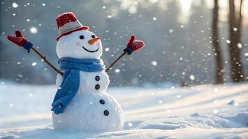 Cheerful snowman in a snowy winter landscape with falling snow and trees in the background. photo