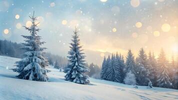 Snowy winter forest landscape with pine trees and warm bokeh lights photo