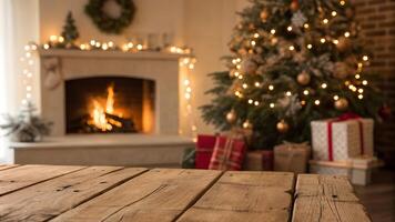 Cozy winter living room with a fireplace, decorated for Christmas with warm tones and holiday charm. photo