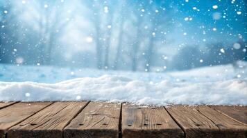 Snowfall background with wooden planks and a peaceful snowy forest scene photo