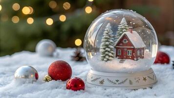 Winter snow globe with a miniature red house, snow-covered trees, and festive ornaments on snowy ground. photo