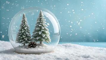 Glittering snow globe featuring a festive winter scene with falling snow and a miniature pine tree. photo