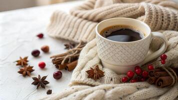 Warm and cozy winter setting with a cup of coffee with cinnamon sticks, and festive red berries on a soft blanket. photo