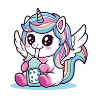 A cute unicorn drink ice with cute pose on a white background. It can be used for printing, textiles, web design. vector