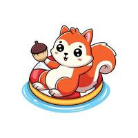 Squirrel relax on swimming tires with pine cone cartoon. It can be used for printing, textiles, web design. vector