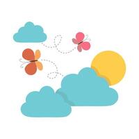 Sun, clouds, and butterflies isolated on white background. Peaceful sky in a flat style vector