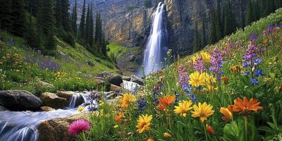 A waterfall and wildflowers in the mountains photo