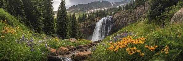 A waterfall surrounded by wildflowers and mountains photo