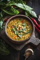 Chickpea and spinach soup in a wooden bowl on a rustic table photo
