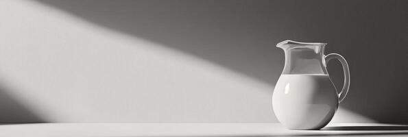 A white jug sitting on a table in front of a wall photo