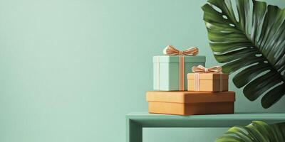 Three gift boxes with bows on a table next to a green plant photo