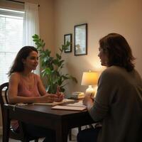 Professional consultation between two women in a cozy office setting photo