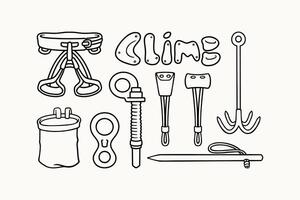 climbing sit harness, figure, chalk bag, anchor, wall grips, stopper, chock, fastener safety gears outline line art icon symbol element designs set for adventure, explorer, mountaineer, climber vector