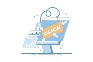Clickbait concept, Increasing website traffic through clickbait strategy, Clicking on links, Digital advertising tactics, clickbait to Increase click-through rate. Flat cartoon illustration. vector