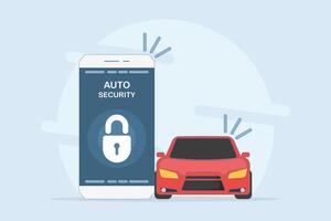 Car security system concept. car alarm. Car alarm application on mobile phone screen. Protection inclusion via smart phone. Simple flat style cartoon design illustration on background. vector