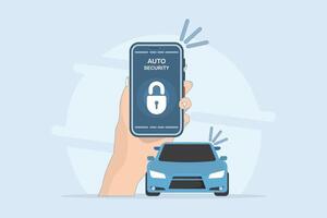 Car security system concept. car alarm. Car alarm application on the phone screen. Protection inclusion via smartphone. Simple flat design illustration on the background. vector