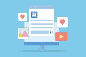 AI Generator Website Concept, tool, Artificial intelligence that creates text, and image content. AI content generator. flat cartoon design illustration on background. vector