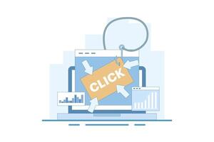 Clickbait concept, Increasing website traffic through clickbait strategy, Clicking on links, Digital advertising tactics, clickbait to Increase click-through rate. Flat illustration. vector